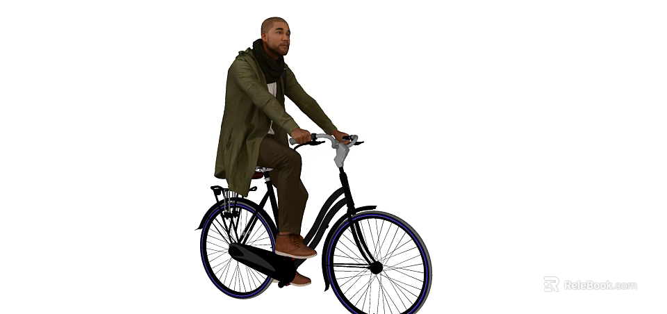 Man Riding Black Bicycle Wearing Green Coat And Brown Pants With Blue Wheels 3d model 