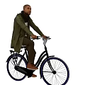 Man Riding Black Bicycle Wearing Green Coat And Brown Pants With Blue Wheels