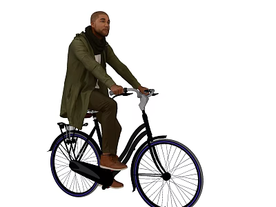 Man Riding Black Bicycle Wearing Green Coat And Brown Pants With Blue Wheels 3d model