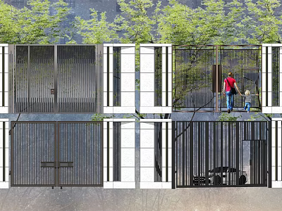 Modern Entrance Gate With Black Metal Slat Design Surrounded by Green Trees and People 3d model