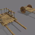 Ancient Wooden Transport Cart With Large Spoked Wheels And Metal Rails