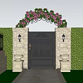 Elegant Entry Gate With Floral Arch Purple Pink Flowers Stone Walls And Green Shrubs