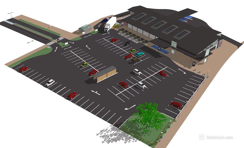 Parking Lot And Building With Driveway Cars Green Tree And Landscape 3d model 