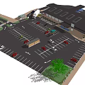 Parking Lot And Building With Driveway Cars Green Tree And Landscape