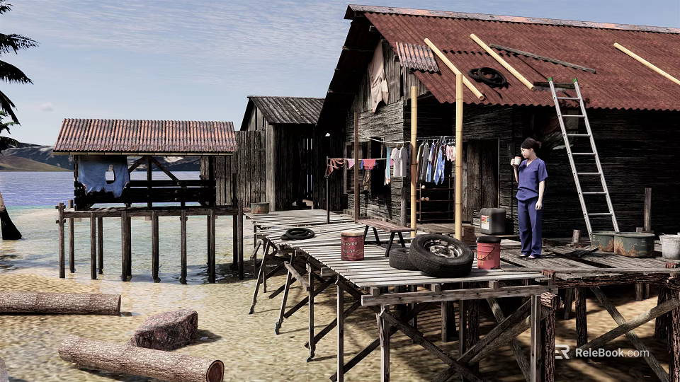 Waterfront Stilt Houses With Wooden Platform Person In Blue Ladder Buckets And Tire 3d model 