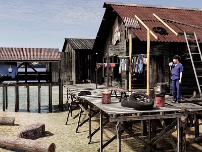 Waterfront Stilt Houses With Wooden Platform Person In Blue Ladder Buckets And Tire 3d model