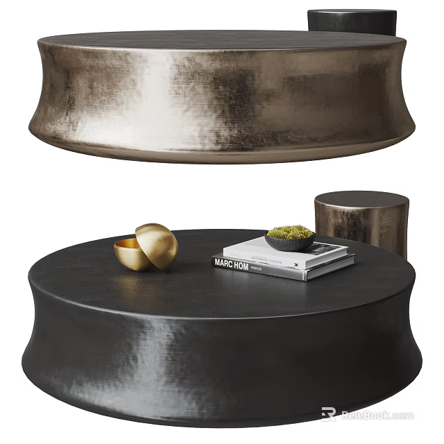 Modern Round Black Coffee Table With Gold Decor Objects Magazines And Green Plant 3d model