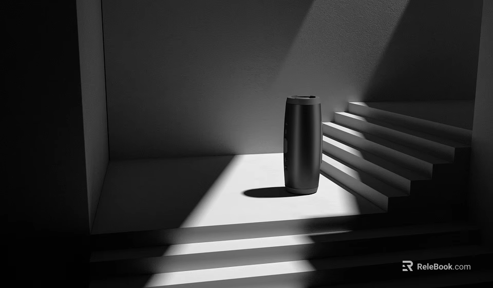 Black Cylindrical Object Placed on Stepped Platform with Light Shadow Contrast in Black White Background 3d model 