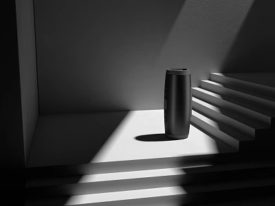 Black Cylindrical Object Placed on Stepped Platform with Light Shadow Contrast in Black White Background 3d model