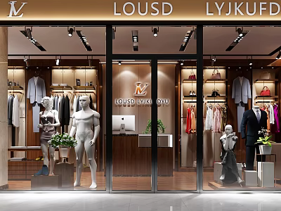 Modern Clothing Store Exterior And Interior With Window Mannequins Clothes Racks And Plants 3d model