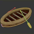 Vintage Wooden Boat With Yellow Oars And Slatted Seat Structure Design