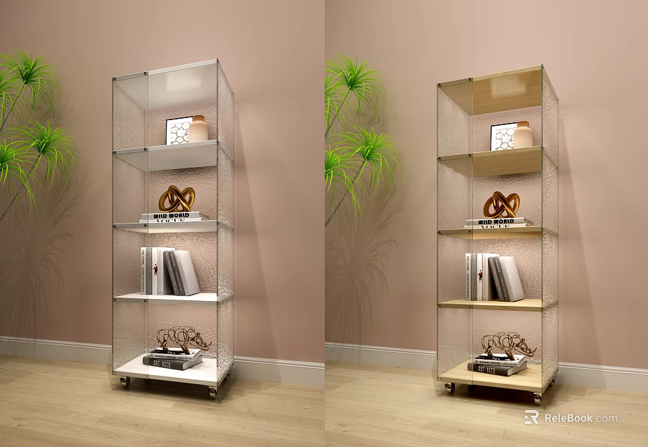 Silver And Wooden Frame Display Shelves With Multiple Tiers Books Decorative Items Green Plants 3d model 