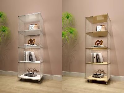 Silver And Wooden Frame Display Shelves With Multiple Tiers Books Decorative Items Green Plants 3d model