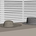 Stylish Straw Hats with Woven Patterns on Light Table Against White Blinds 3d model