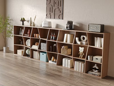 Wooden Bookshelf With Books Baskets Vases Decorative Items And Potted Plant On Wooden Floor 3d model