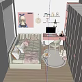 Cozy Kids Room Interior With Bed Pillows Wall Painting Desk Chair And Dolls On Shelf