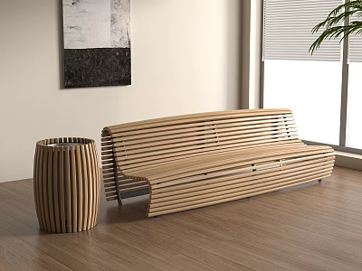 Outdoor Sofa with Wooden Slat Design and Round Side Table in Modern Interior 3d model