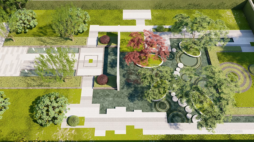 Scenic Park Landscape Design With Circular Water Features Lush Greenery And Stone Pathways 3d model 