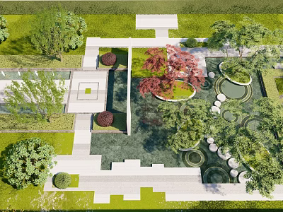 Scenic Park Landscape Design With Circular Water Features Lush Greenery And Stone Pathways 3d model