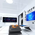 Modern Tech Exhibition Hall With Large Screens Data Visualization And White Interior Design 3d model