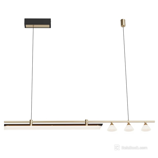 Modern Linear Pendant Light with Brass Rod and Three Glass Shades Hanging Design 3d model 