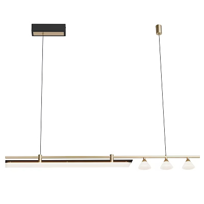 Modern Linear Pendant Light with Brass Rod and Three Glass Shades Hanging Design 3d model