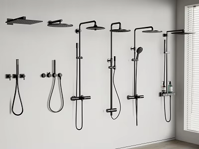 Black Wall Mounted Shower Systems In Modern Bathroom With Various Designs 3d model