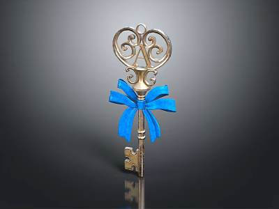 Golden Decorative Key With Blue Bow And Ornate Metal Design 3d model