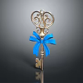 Golden Decorative Key With Blue Bow And Ornate Metal Design