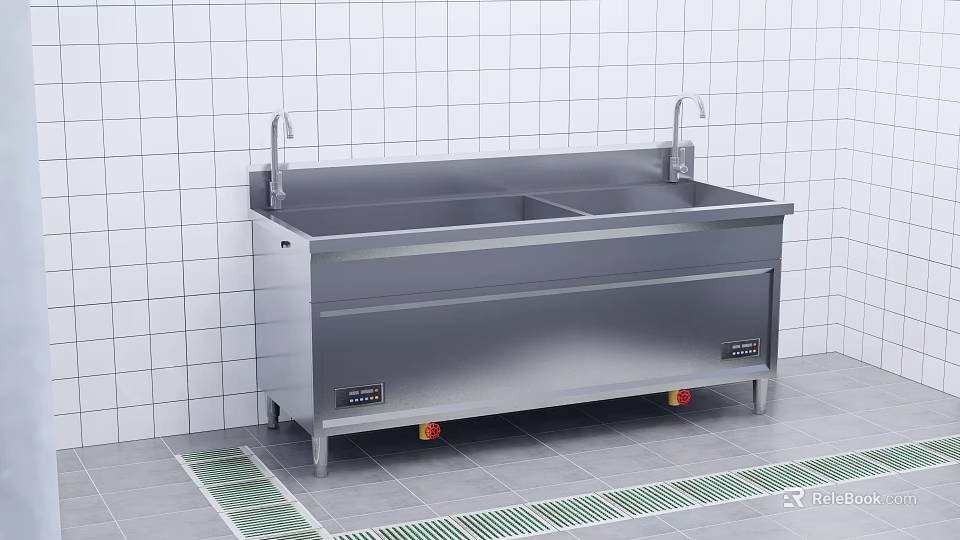 Cafeteria Stainless Steel Double Sink Setup With Tiled Wall And Floor Drain 3d model 