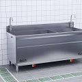 Cafeteria Stainless Steel Double Sink Setup With Tiled Wall And Floor Drain