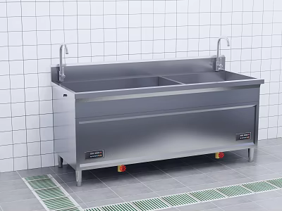 Cafeteria Stainless Steel Double Sink Setup With Tiled Wall And Floor Drain 3d model