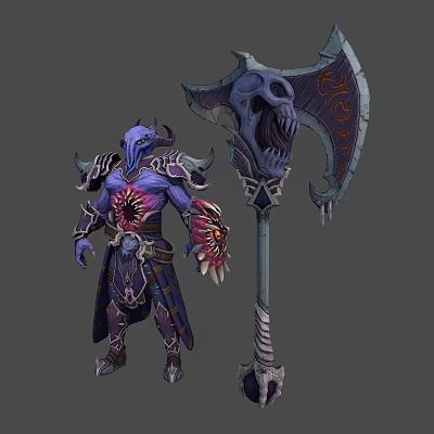 Purple Horned Demon Warrior With Giant Skull Axe And Red Core Chest Armor 3d model