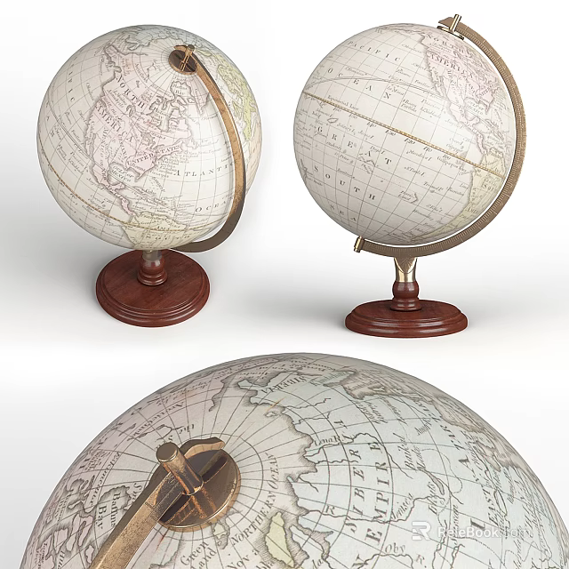 Decorative Globe Ornament Set With Wooden Base Metal Stand And Map Details 3d model 