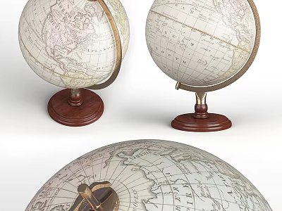 Decorative Globe Ornament Set With Wooden Base Metal Stand And Map Details 3d model