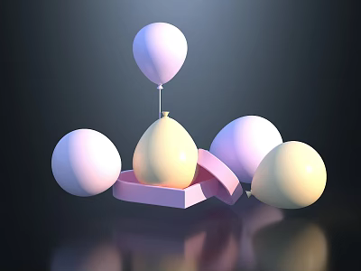 Colorful Balloons with Open Pink Box and Yellow White Balloons on Dark Background with Reflection 3d model
