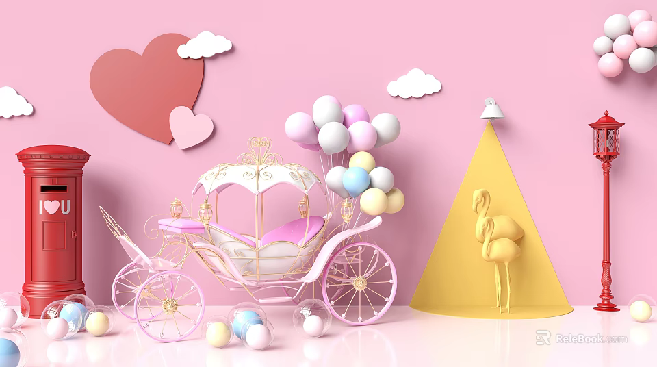 Pink Princess Carriage With Colorful Balloons Hearts Clouds And Flamingo Decor 3d model 