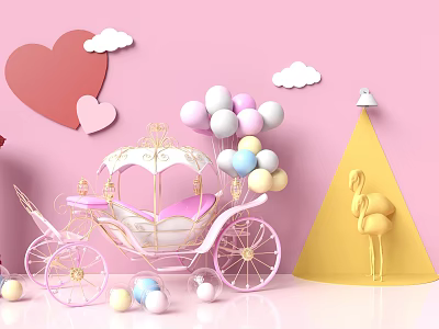 Pink Princess Carriage With Colorful Balloons Hearts Clouds And Flamingo Decor 3d model