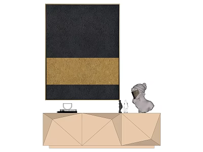 Beige Geometric Cabinet With Black Gold Striped Painting Dog Figurine And Vase 3d model