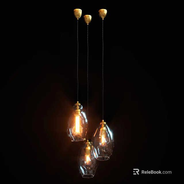 Three Glass Pendant Lights Hanging With Lit Warm Glow In Dark Background 3d model 