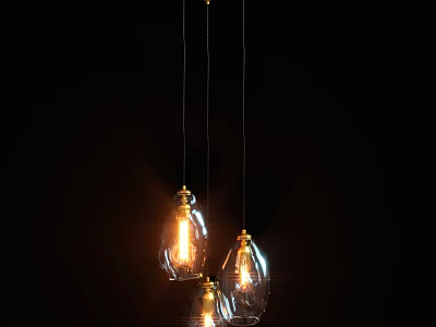 Three Glass Pendant Lights Hanging With Lit Warm Glow In Dark Background 3d model