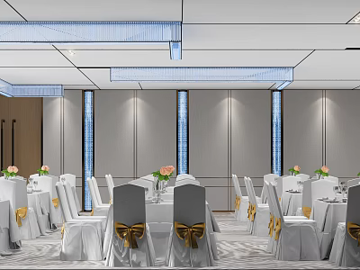 Elegant Banquet Hall Interior With White Tables Chairs Bow Ties And Ceiling Decorations 3d model