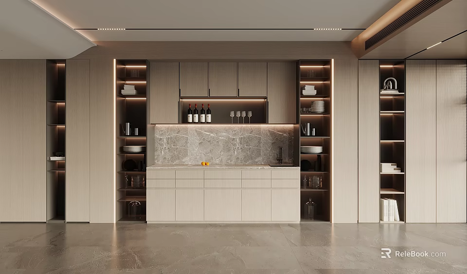 Modern Wine Cabinet Interior With Marble Countertop And Built in Storage Lighting 3d model