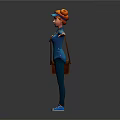3D Female Character With Red Hair Pigtails Blue Uniform Brown Bag Arms Outstretched Gray Background
