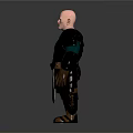 Bald Male Warrior Character Wearing Black Armor With Green Tunic And White Waist Apron