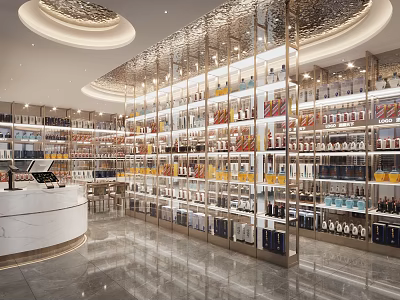 Modern Liquor and Tobacco Store Interior with Shelves of Wines Cigarettes and Bright Lighting 3d model