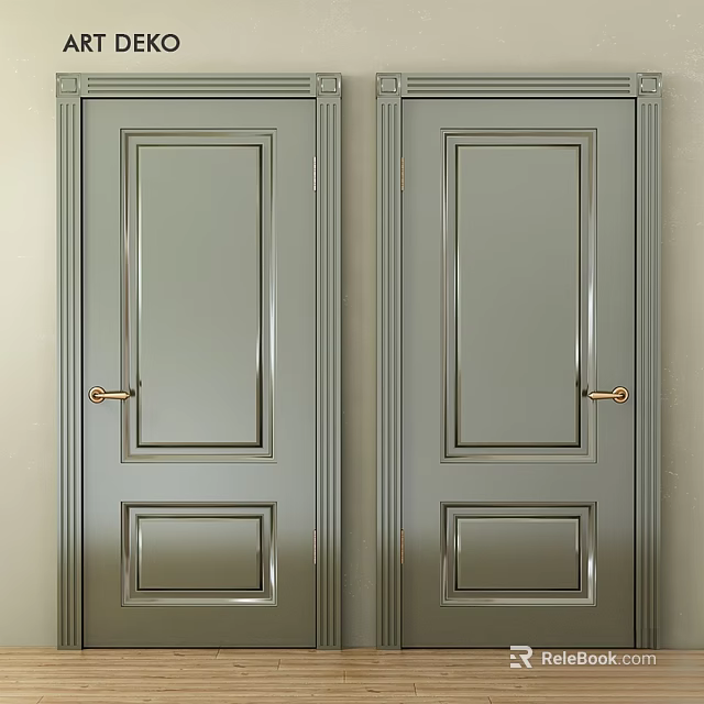 Gray Hinged Doors With Golden Handles And Simple Rectangular Panel Design 3d model