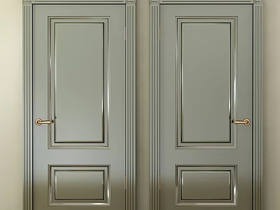 Gray Hinged Doors With Golden Handles And Simple Rectangular Panel Design 3d model