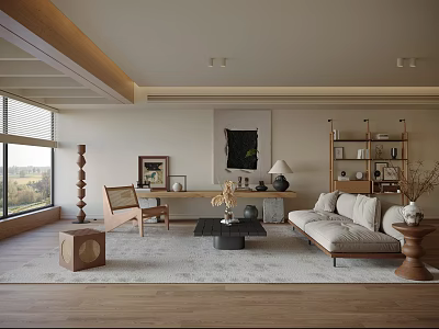 Modern Living and Dining Room Interior With Sofa Coffee Table Decorative Painting And Large Windows 3d model