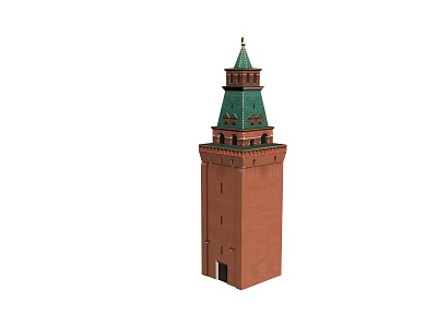 European Style Red Brick Tower Featuring Green Spire And Classical Design Elements 3d model